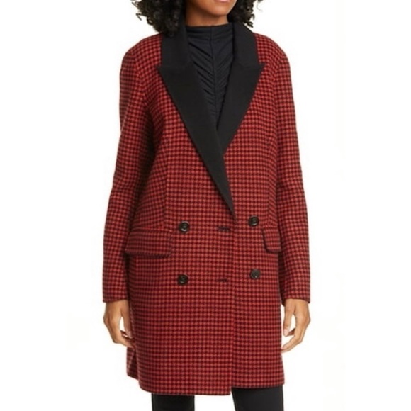 Veronica Beard Senna Houndstooth Double Breasted Wool Cashmere Long Coat Red